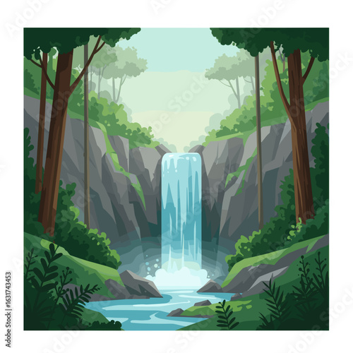 Serene waterfall cascading down rocky cliffs amidst lush green forest scenery