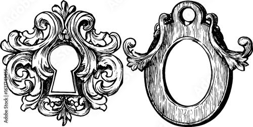Vintage engraved illustration set of ornate locket designs for crafts and jewelry projects