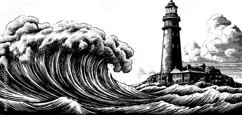 Vintage engraving of lighthouse and ocean wave for nautical design
