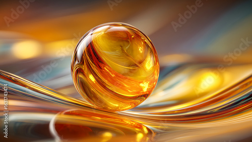 Amber orb, reflecting light and swirling patterns, rests on a glossy surface, creating a captivating abstract composition.