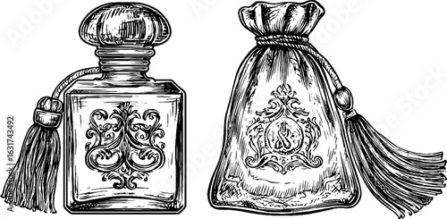 Vintage luxury perfume bottle and pouch set sketch for retro design