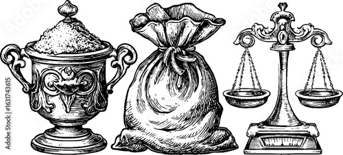 Vintage engraved illustration set of measuring cup, weighing scale, and sack for retro kitchen design