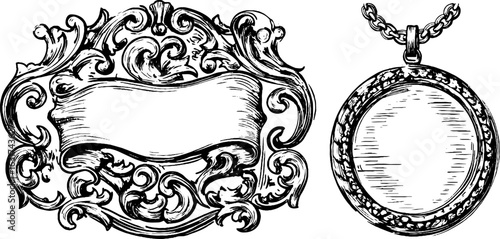 Vintage engraved illustration set of ornate medallion and chain design for craft projects