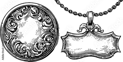 Elegant engraved medallion and chain design set for vintage decor and art projects