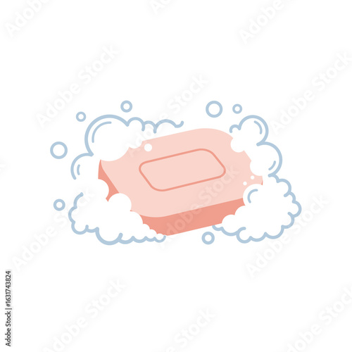 A pink soap bar surrounded by bubbles, illustrating cleanliness and hygiene