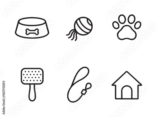 Minimalist Black Line Art Icons of Pet Items — Dog Bowl, Cat Toy, Paw Print, Grooming Brush, Leash, Pet House on White Background