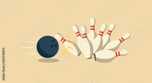 A bowling ball strikes pins, creating a dynamic scene of action in a bowling alley