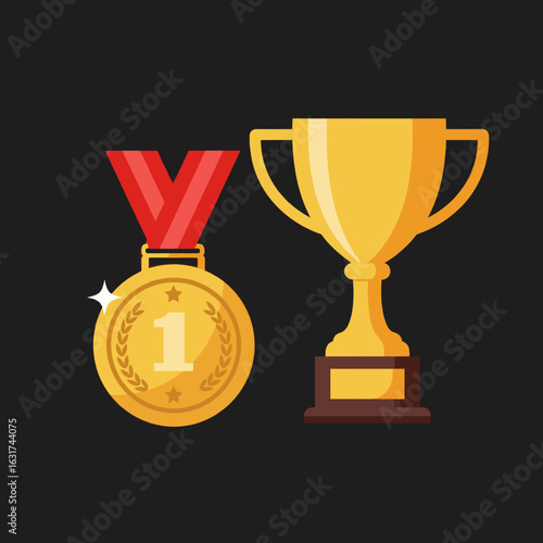Illustration of a gold trophy and a red medal symbolizing achievement and victory