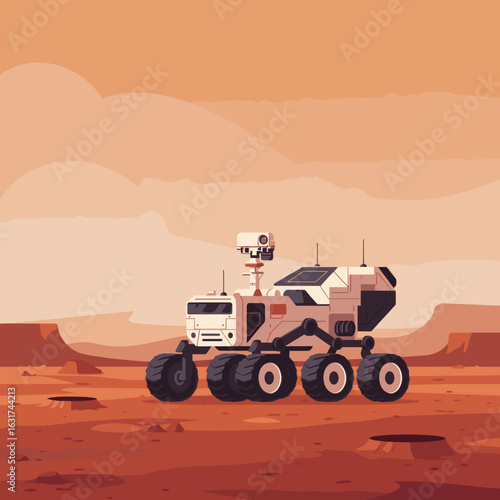 Futuristic rover exploring a Martian landscape under a dusty orange sky