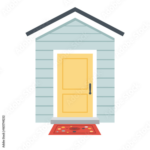 Colorful illustration of a modern shed with a yellow door and subtle background details