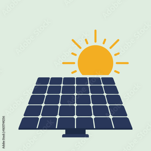 Solar panels absorbing sunlight with a rising sun in a clear sky, promoting renewable energy