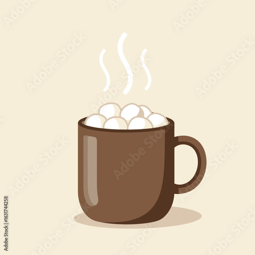 Cozy hot chocolate mug with marshmallows and steam against a soft background