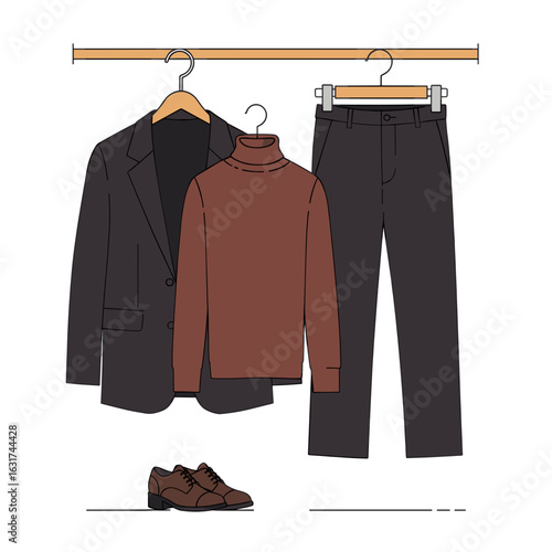 Stylish clothing displayed on hangers, showcasing a modern outfit in a minimalist setting
