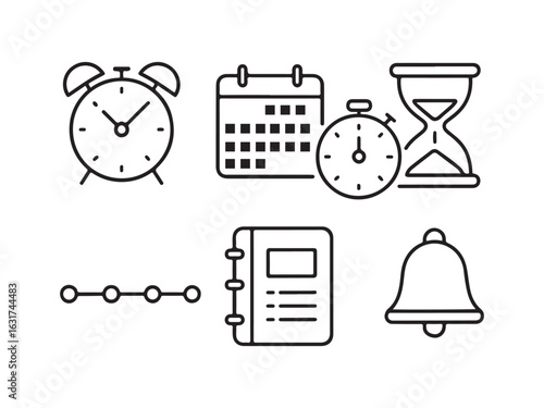 Black Line Icons of Time Tools — Alarm Clock, Calendar, Stopwatch, Hourglass, Timeline, Planner, Reminder Bell on White Background