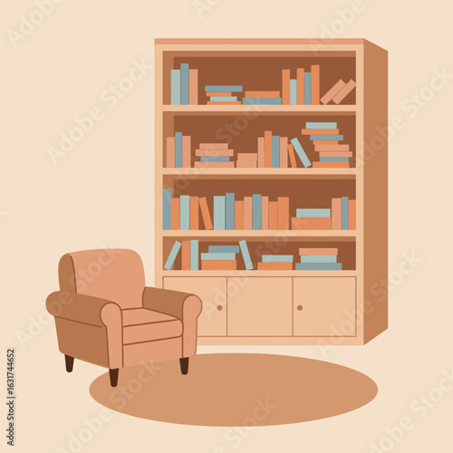 Cozy reading nook with a bookshelf filled with colorful books and a comfy chair