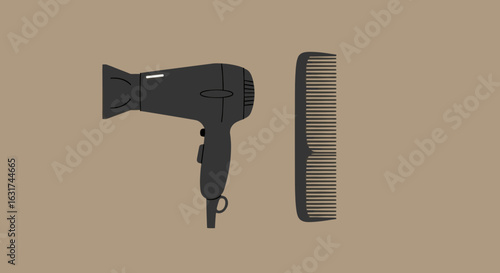 Hairdryer and Comb on Neutral Background for Hair Care and Styling Use