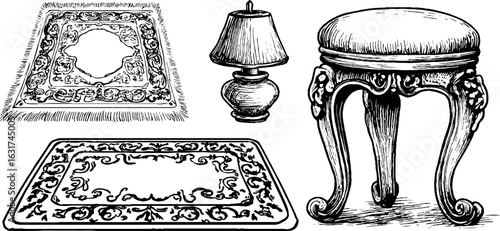 Vintage engraved illustration set of rugs and antique stool for retro decor and design