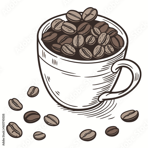 Mug with Coffee Beans Vector | Generative AI Linocut Silhouette Design