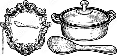 Vintage kitchenware set with saucepan, spoon, and decorative frame design for culinary art projects