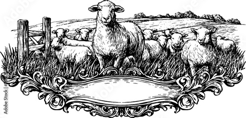 Pastoral scene with sheep and gate in vintage engraved style for rustic design