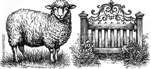 Vintage engraved illustration of sheep and decorative gate for retro design projects