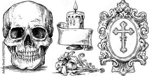 Engraved illustration set of skull and candle. Gothic vintage sketch with dark artistic design.
