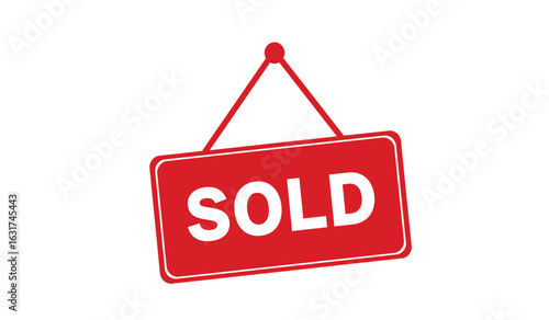 Bright red rectangular hanging sign with the word sold in bold white letters against a clean white background