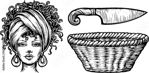 Intricate engraving of woman, basket, and knife for artistic design and decoration