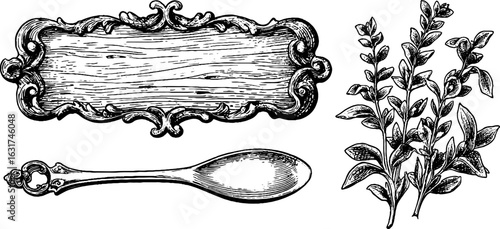 Vintage engraved illustration of ornate wooden board, spoon, and herb for retro design