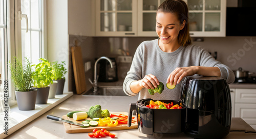 Meal prepping with a modern kitchen appliance: a smiling woman fills an air fryer with fresh, colorful vegetables
