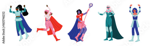 Strong Girl in Heroine Costume with Cloak Vector Set
