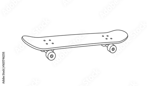 A simple hand drawn outline illustration of a skateboard with wheels and trucks on a white background