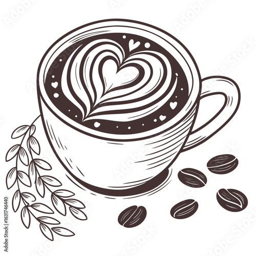 Mug with Latte Art Vector | Generative AI Linocut Silhouette Coffee Design