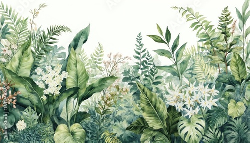 Watercolor illustration rich botanic garden with abundant green foliage, delicate white blossoms. Features large tropical leaves, ferns creating seamless natural pattern. Ideal for wallpaper interior
