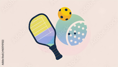 Sport Equipment Minimal vector icon of a pickleball paddle and ball in flat design with pastel color palette (2)