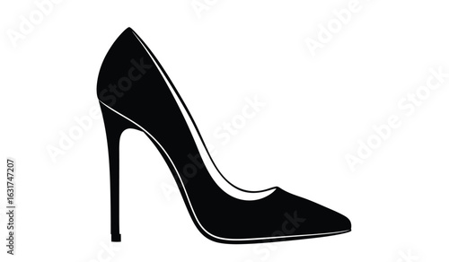 Elegant black stiletto high heel shoe silhouette with a pointed toe and slender heel isolated on a white background