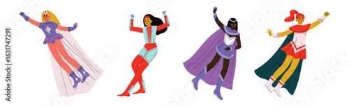 Strong Girl in Heroine Costume with Cloak Vector Set