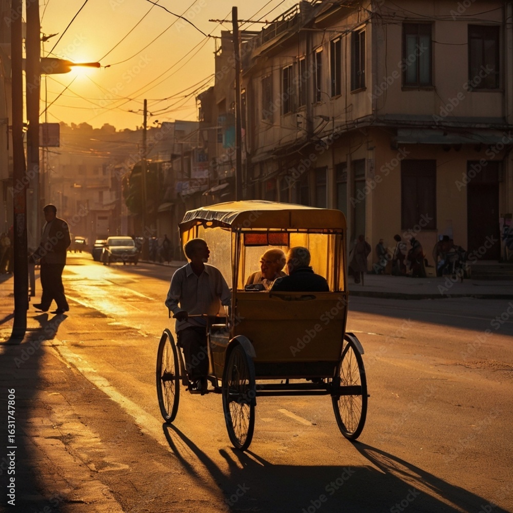 Obraz premium Golden Hour Ride: A rickshaw transports passengers down a sun-drenched street, illuminated by the warm glow of the setting sun, capturing the charm of urban travel and the beauty of the golden hour.