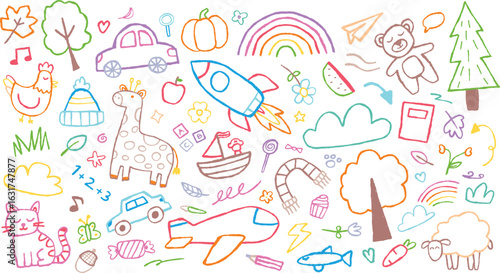 Kid hand drawn background. Colorful illustrations of animals, trees, cars, rockets, and playful elements.