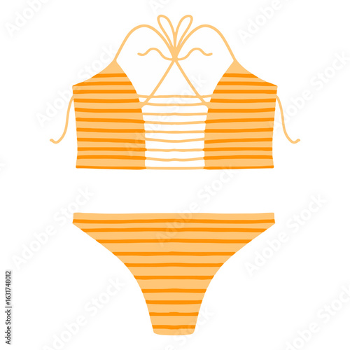 Striped bikini swimsuit vector illustration. Hand drawn cartoon style orange striped bikini