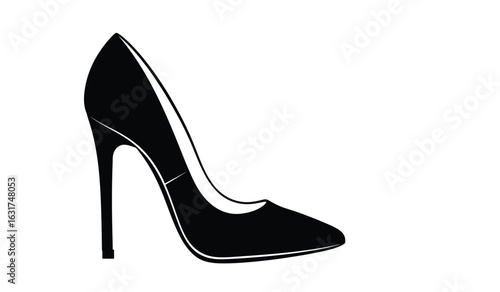 Elegant black stiletto high heel shoe depicted in a clean minimalist silhouette against a stark white background symbolizing fashion and style