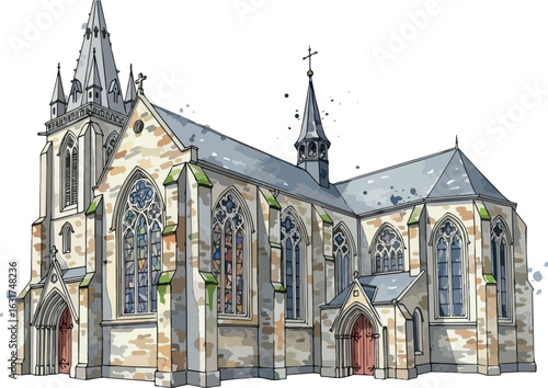 water colour illustration of a church in isolated on white background