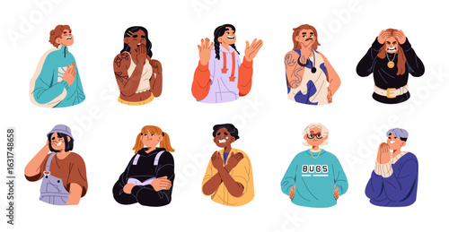Set of different facial expressions. Portraits of angry, crying, thinking, bored, laughing, shy people. Happy and sad emotions on faces. Flat isolated vector illustrations on white background