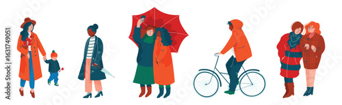 People Character Walking in Spring Park Enjoying Warm Season Vector Set