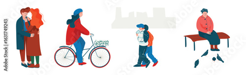 People Character Walking in Spring Park Enjoying Warm Season Vector Set