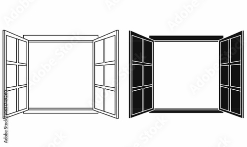 Vector set of open window frame icons in outline and silhouette solid style. Minimalist architectural element for infographics, home design, or construction illustrations.