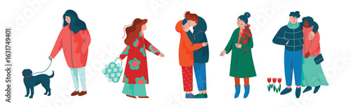 People Character Walking in Spring Park Enjoying Warm Season Vector Set