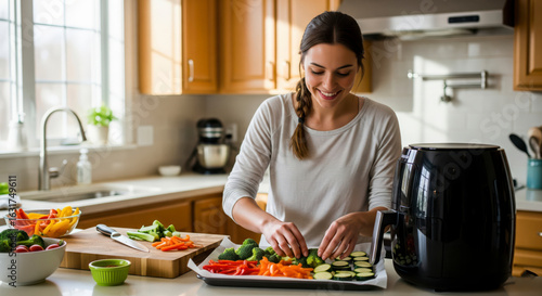 Meal prepping with a modern kitchen appliance: a smiling woman fills an air fryer with fresh, colorful vegetables
