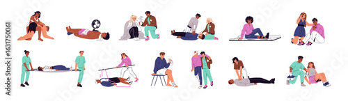 Set of first aid for victims of accidents. CPR, artificial respiration, applying of bandage, medical help in emergency. Firstaid at injury, heart attack. Flat isolated vector illustrations on white