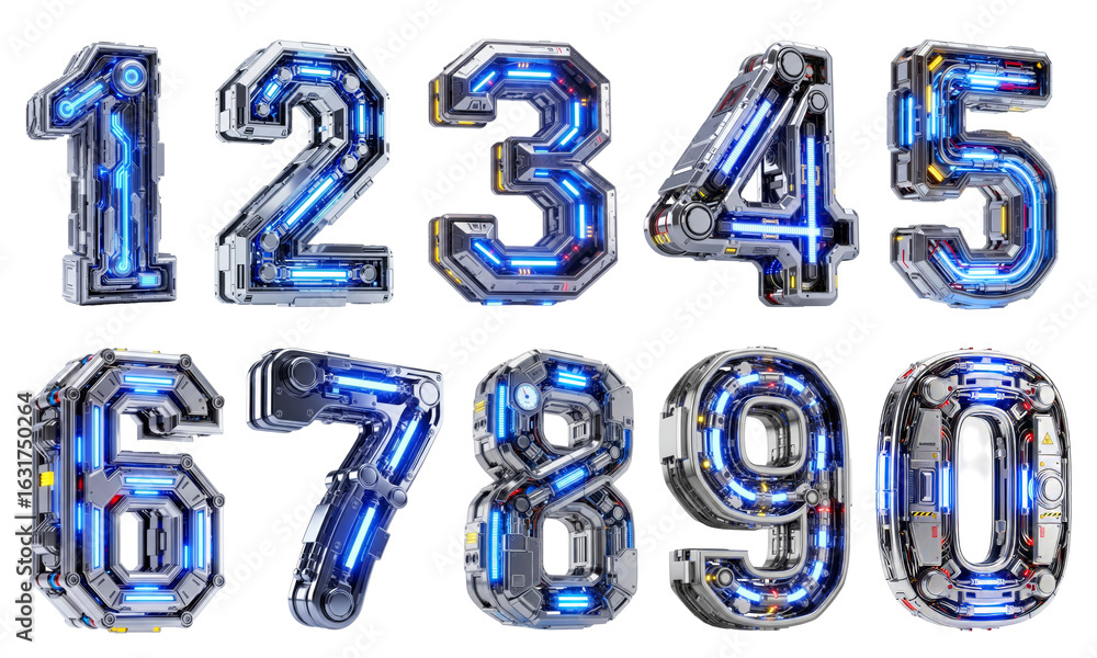 Naklejka premium A complete set of futuristic, high-tech robotic numbers from zero to nine, featuring glowing blue neon lights and metallic details.